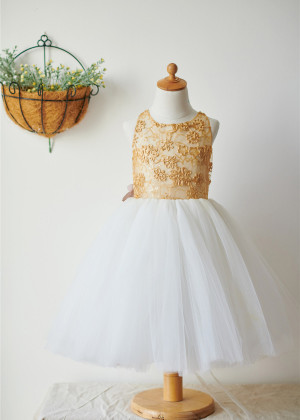 Gold Lace Ivory Tulle Corset Back Knee Length Flower Girl Dress